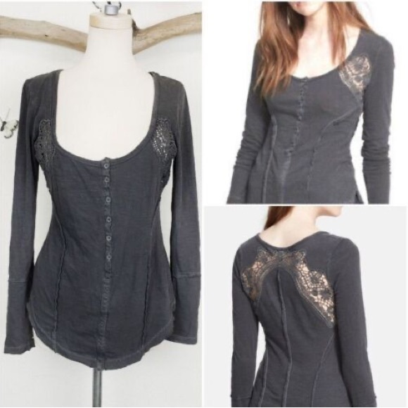 Women's Grey Keepsake Long-Sleeve Crochet-Inset Slub Henley Top - Picture 4 of 11